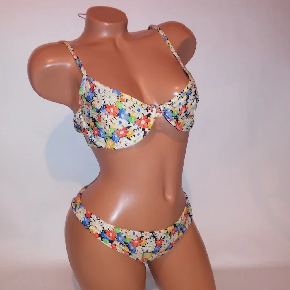 Something Navy Swim Bikini Large Top Medium Bottom Colorful Floral Underwire